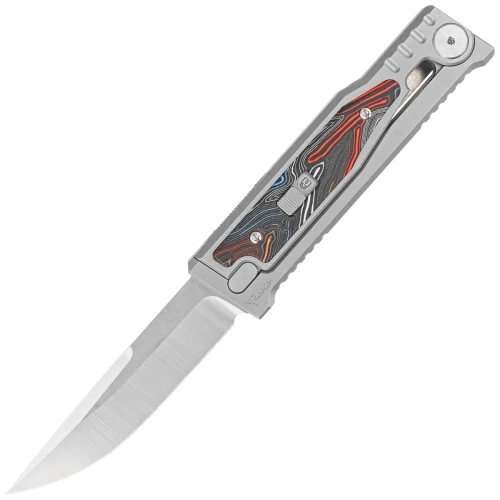 Nóż grawitacyjny Reate EXO-M OTF Gravity Drop Point Bead Blasted Titanium/Damascus MultiColor G10, Satin Elmax-1 50446