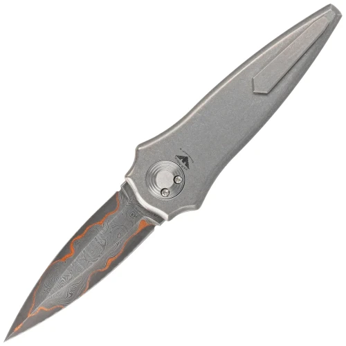 Nóż grawitacyjny Paragon Warlock Smooth Gray Titanium, Damascus Baker Forge Raindrop Gomai Copper Shim 80CRV (TY-WAR-SM-S-BFD)-1 55709