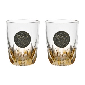 Szklanki do whisky Golden Fox Fire Amber Jeleń zdobione odlewanym elementem, bursztynowy natrysk 2 szt.