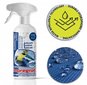 Impregnat POLSKI uniwersalny do odzieży tkanin butów. Chroni przed wodą, plamami i brudem. NANOTEC protect. Kurtki gote-tex i inne typy z membraną.
