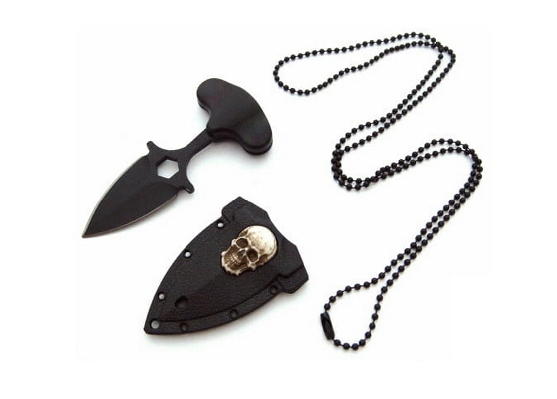 Noz-Taktyczny- Sztylet-N-314C-NA-SZYJE-Neck-Czaska-Czarny-Pokrowiec-Lancuszek-Lentus-Militaria
