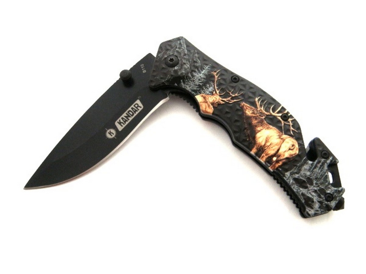 Noz_skladany_Ratowniczy_Kandar N-353C_Sprezynowy_wybijak_ciecie_pasow_klips_motyw_jelen