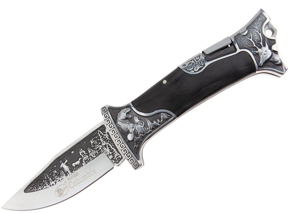 NOZ-MYSLIWSKI-N-064APS-SKLADANY -SKORZANE-ETUI-ZDOBIONY