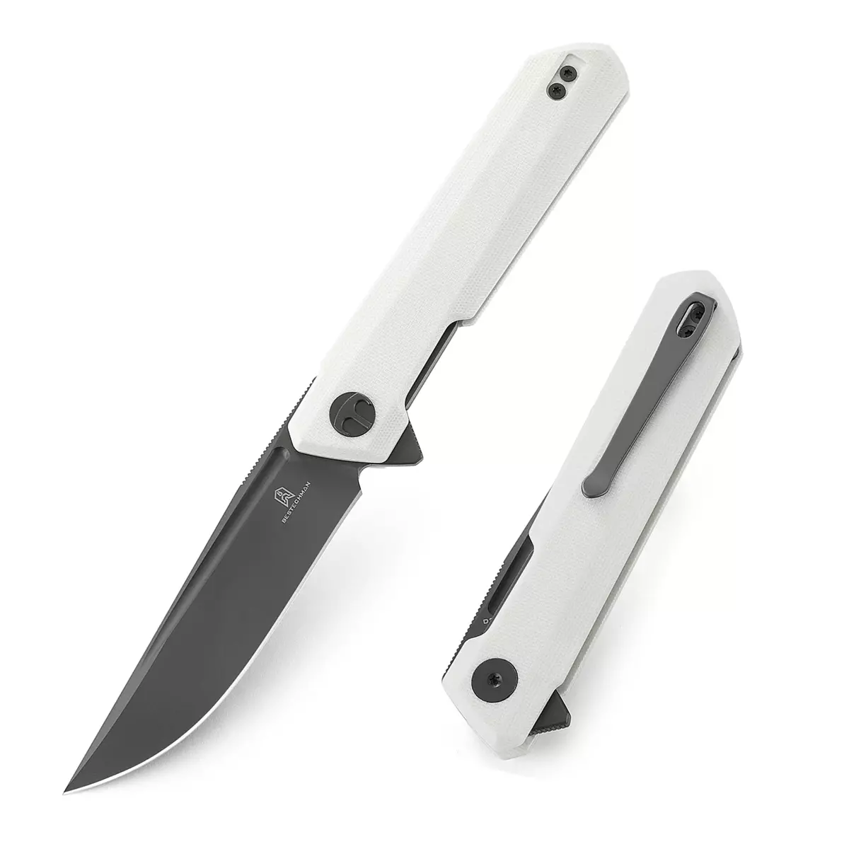 Noz-Bestechman-Dundee-White-G10-Grey-Titanized-Satin-D2-by-Ostap-Hel-BMK01G