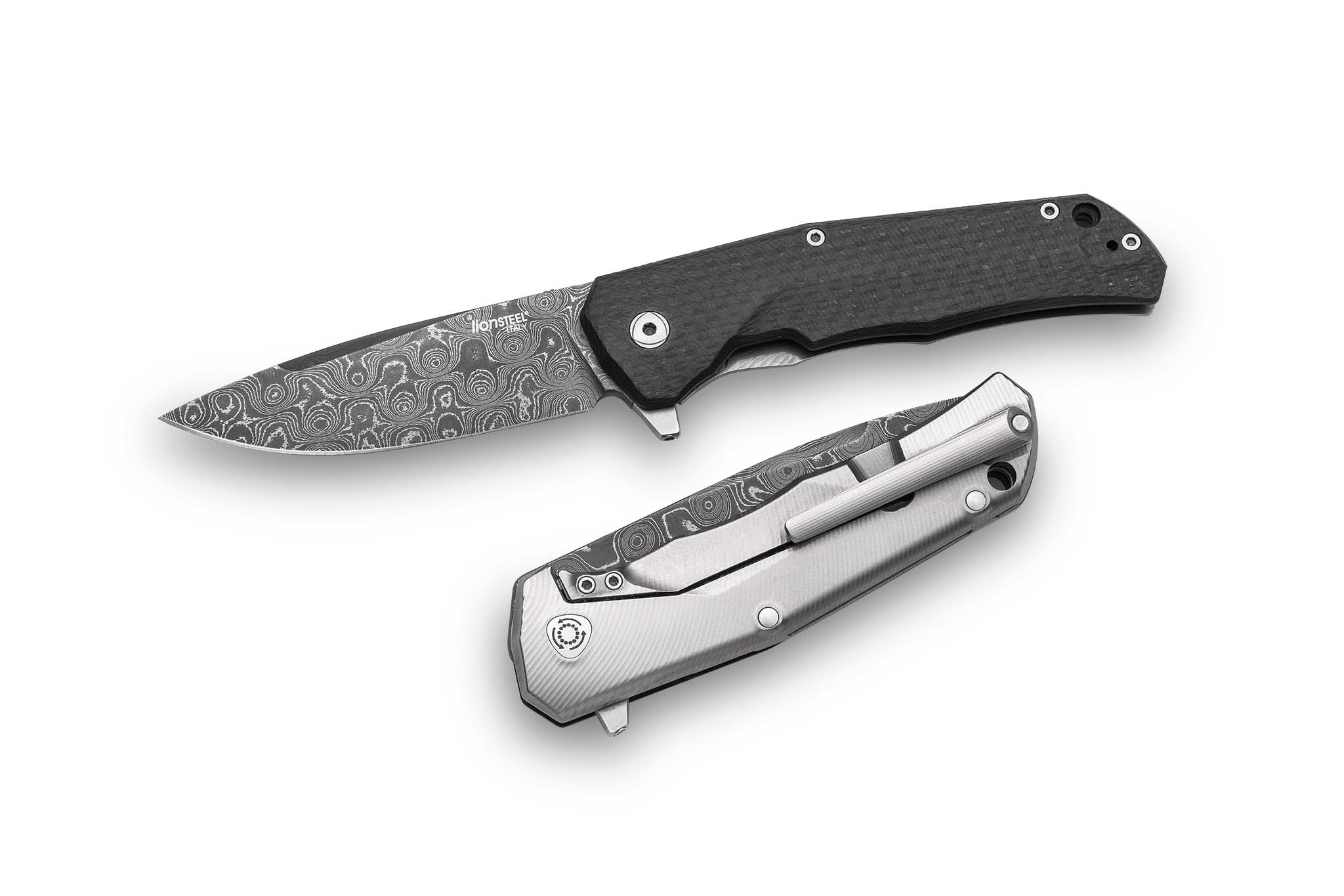 Noz-Edc-LionSteel-T-R-E-Carbon-Fiber-Raindrop-Chad-Nichols-Damascus-by-Michele-Pensato
