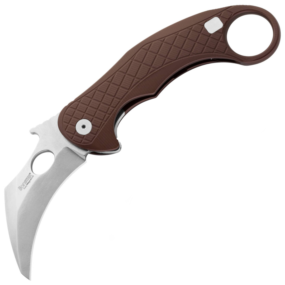 Noz-LionSteel-L-E-One-Karambit-Brown-Aluminium-Stone-Washed-MagnaCut-by-Emerson-Design