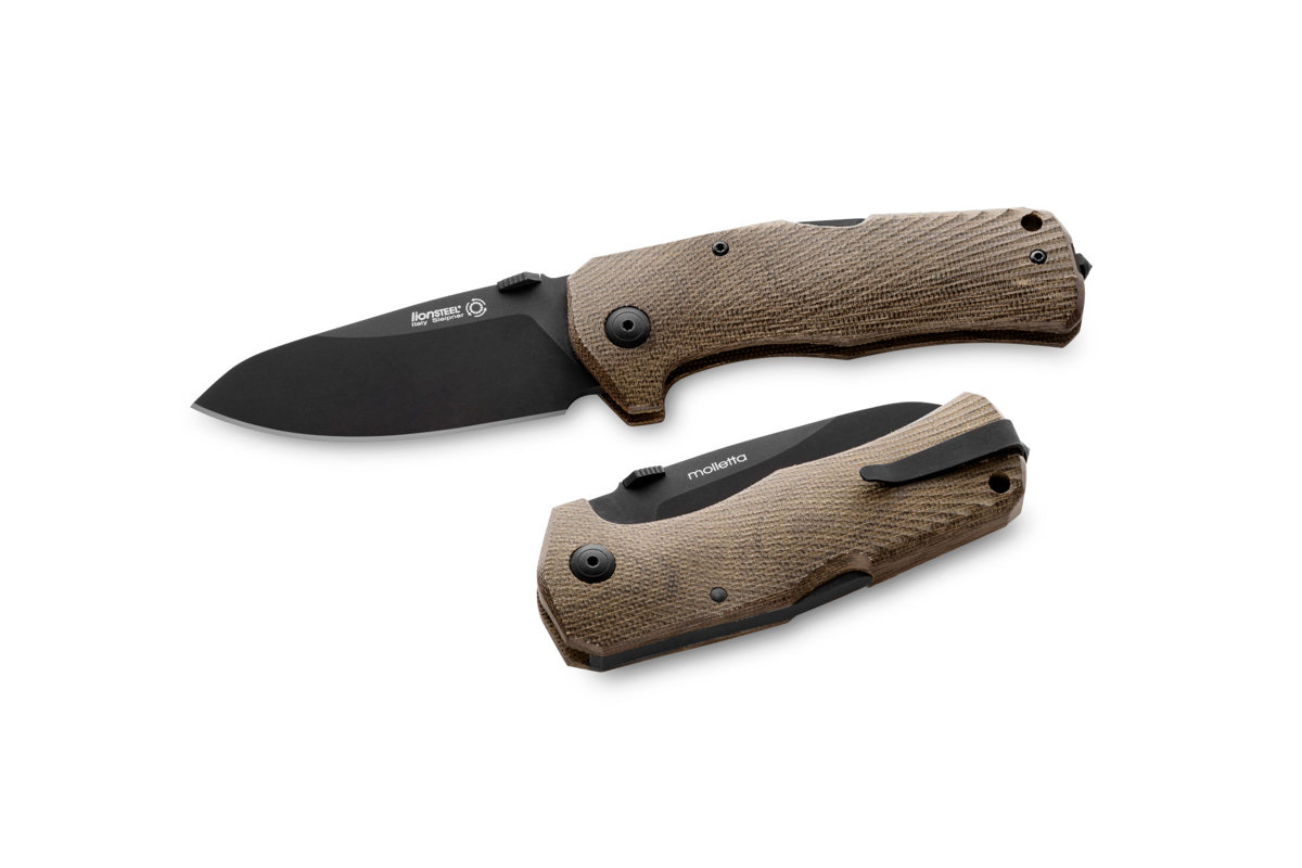 Noz-LionSteel-TM1-Green-Canvas-Micarta-Black-Sleipner-by-Molletta