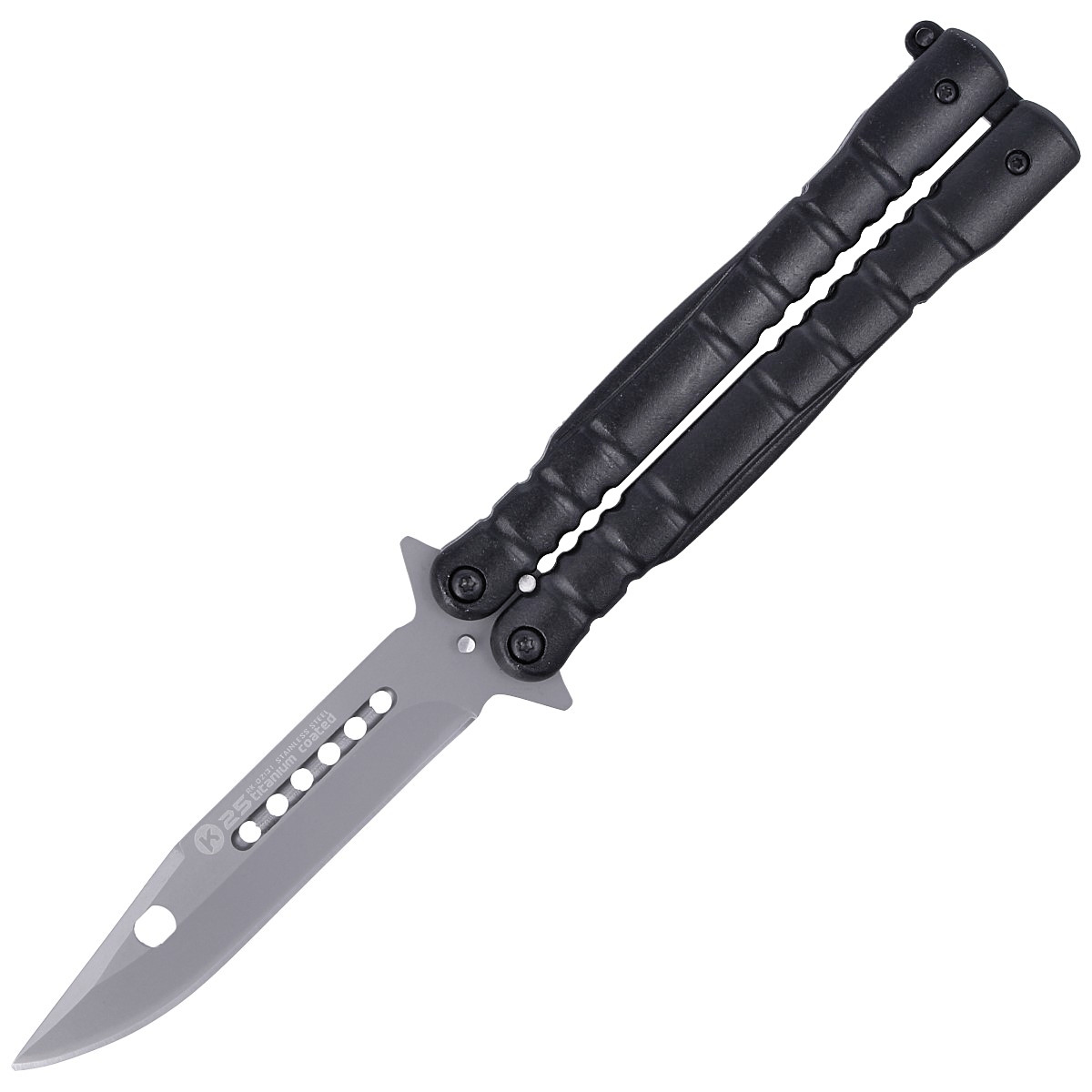 Noz-motylek-K25-Balisong-Black-Aluminium-Titanium-Coated