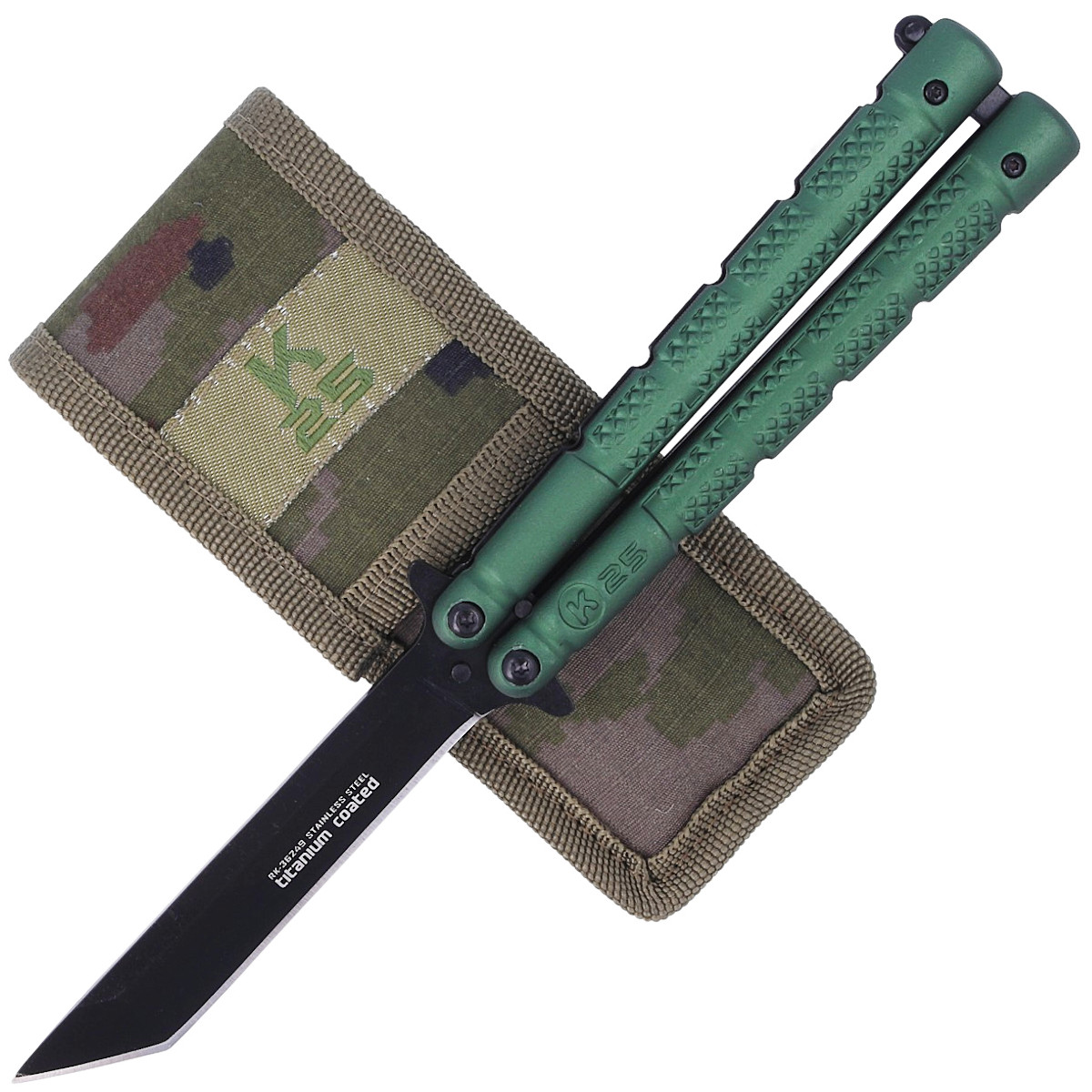 Noz-motylek-K25-Balisong-Green-Aluminium-Titanium-Coated