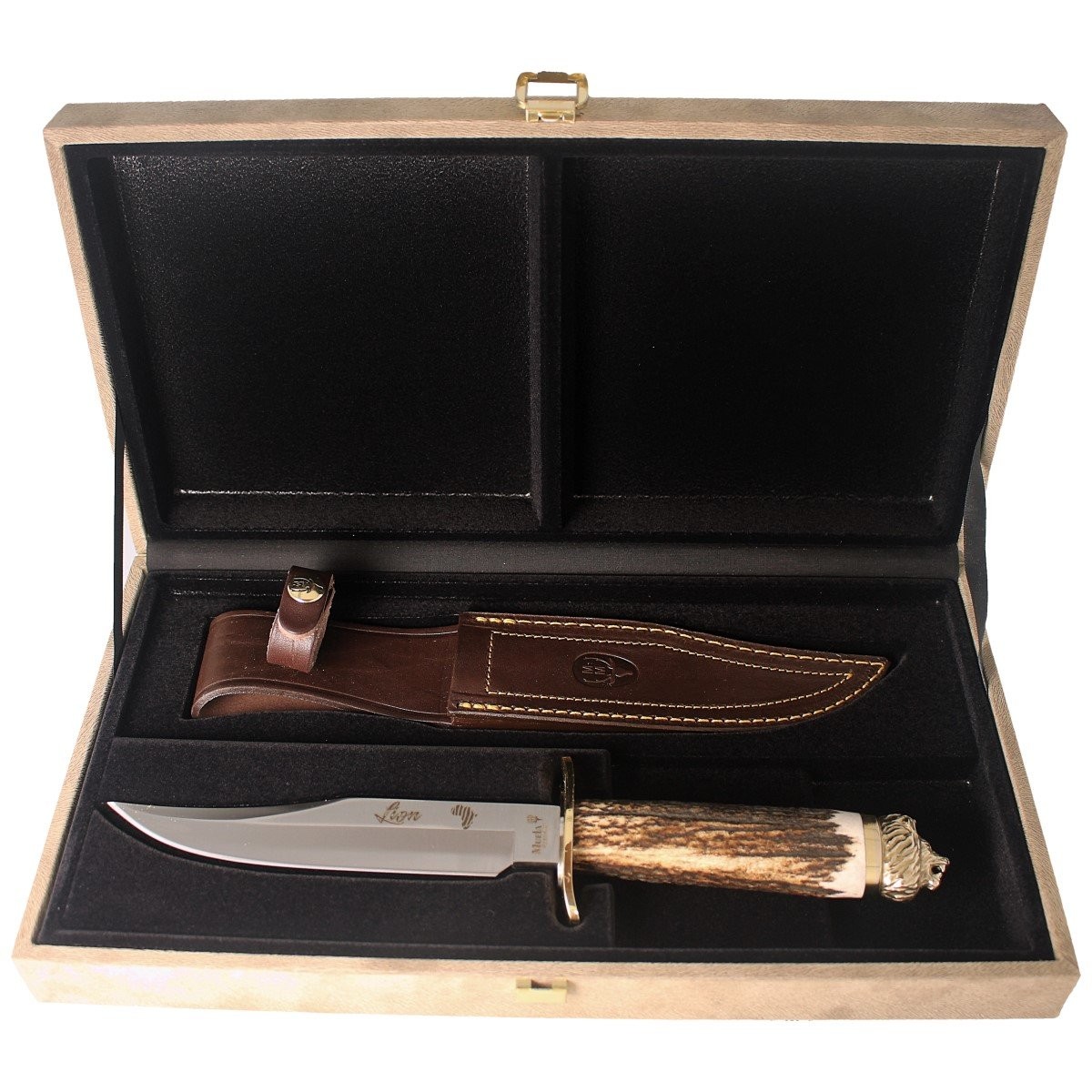 Noz_Muela_Big_Five_Deer_Stag_160mm_Gift_Box_LION-16BF_mysliwski_lew_zdobiony_lentus_militaria